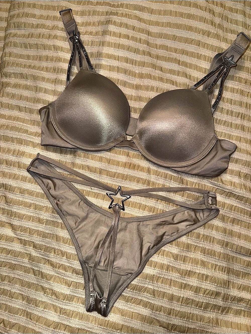 Victoria's Secret Shone Star Push-Ip Bra and Panty Set - Gray/Silver - 32B + SMA